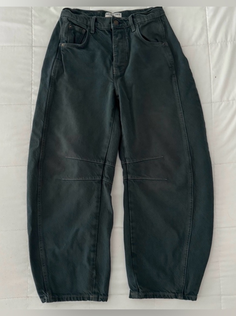 Free People We The Free Good Luck Mid-Rise Barrel Jeans Wide Leg Denim Green 24